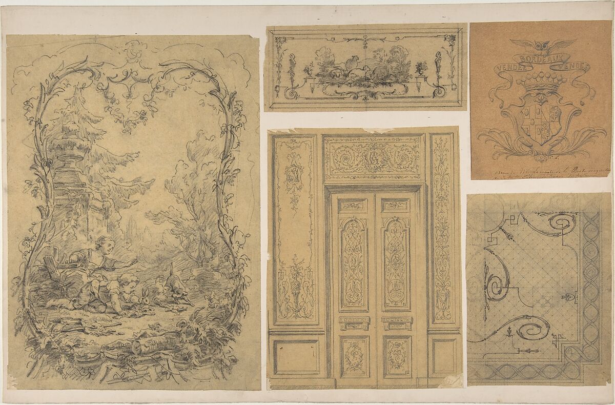 Five Miscellaneous Designs for the de la Rochejaquelein Family, Eugène-Pierre Gourdet (French, Paris 1820–1889), Graphite and black chalk 