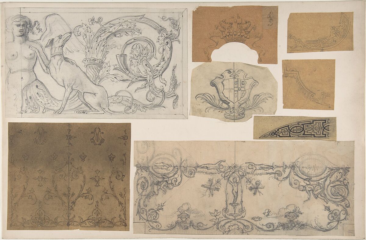 Eight Miscellaneous Designs for the de la Rochejaquelein Family, Jules-Edmond-Charles Lachaise (French, died 1897), Graphite, pen and black ink 