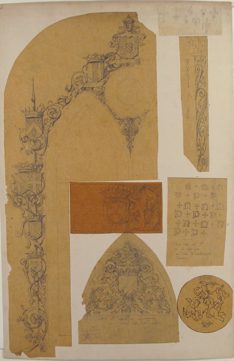 Seven Miscellaneous Designs for the de la Rochejaquelein Family, Jules-Edmond-Charles Lachaise (French, died 1897), Graphite