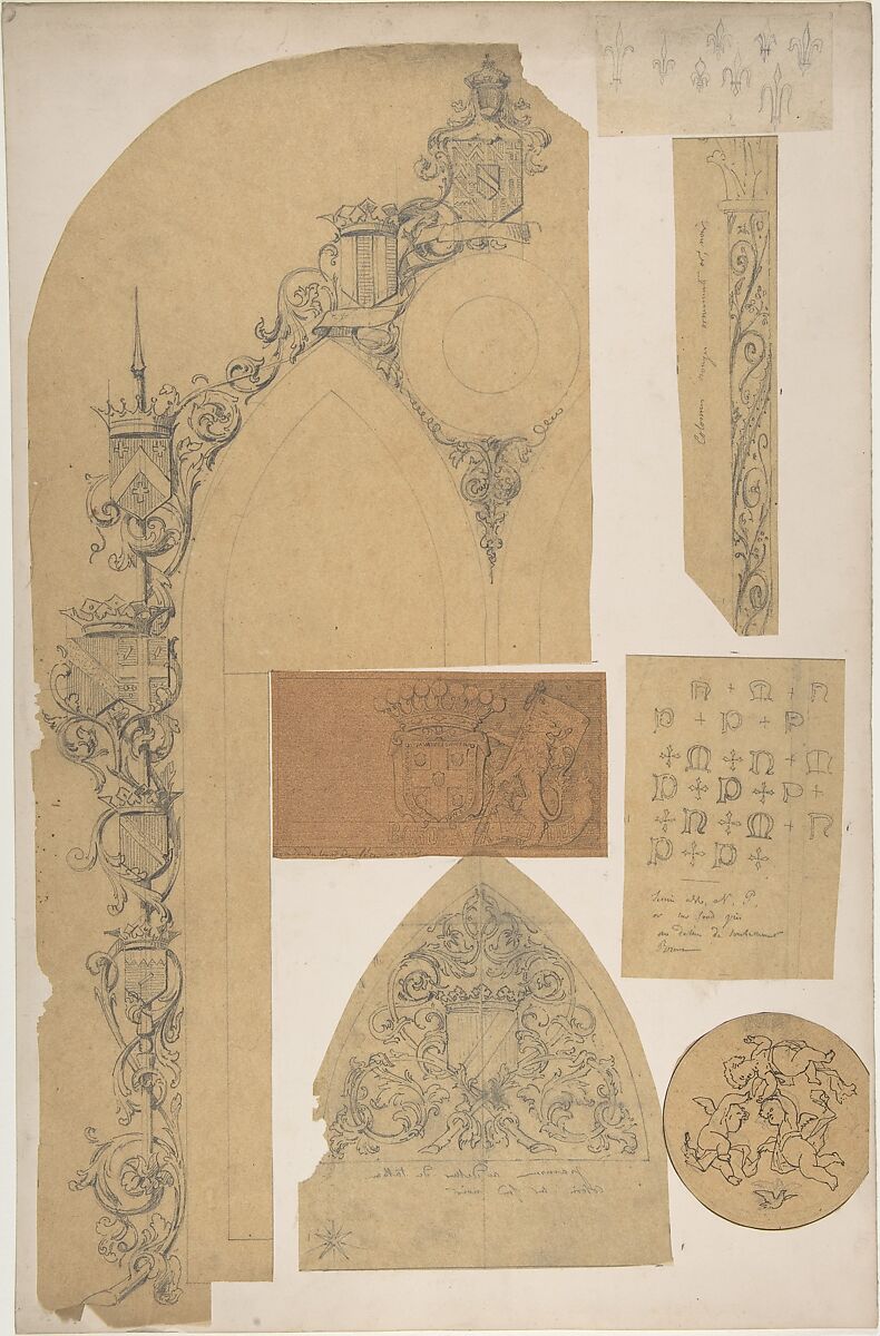 Seven Miscellaneous Designs for the de la Rochejaquelein Family, Jules-Edmond-Charles Lachaise (French, died 1897), Graphite 