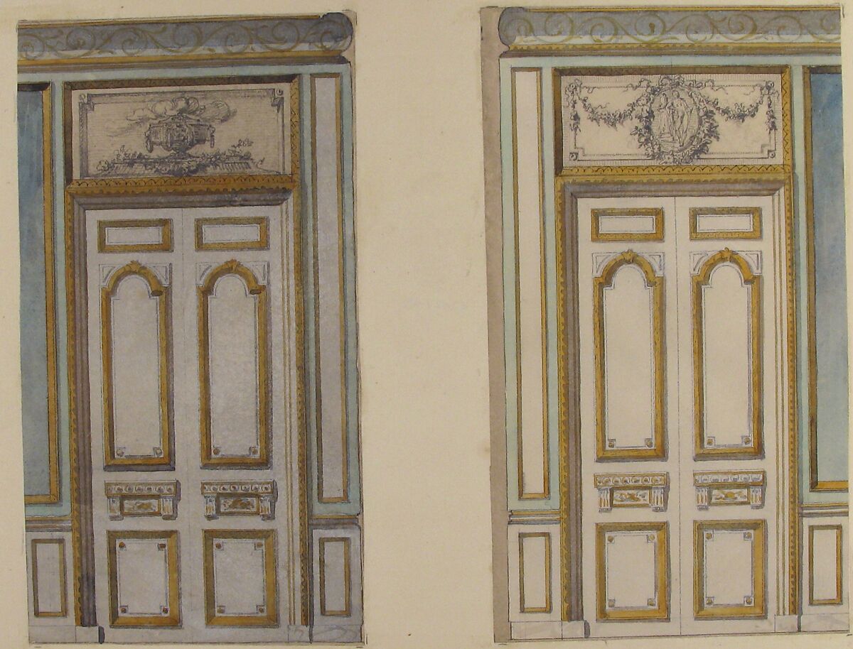 Two Designs for Doorways with Alternate Overdoor Decoration, Jules-Edmond-Charles Lachaise (French, died 1897), Graphite, pen and black ink, and watercolor
