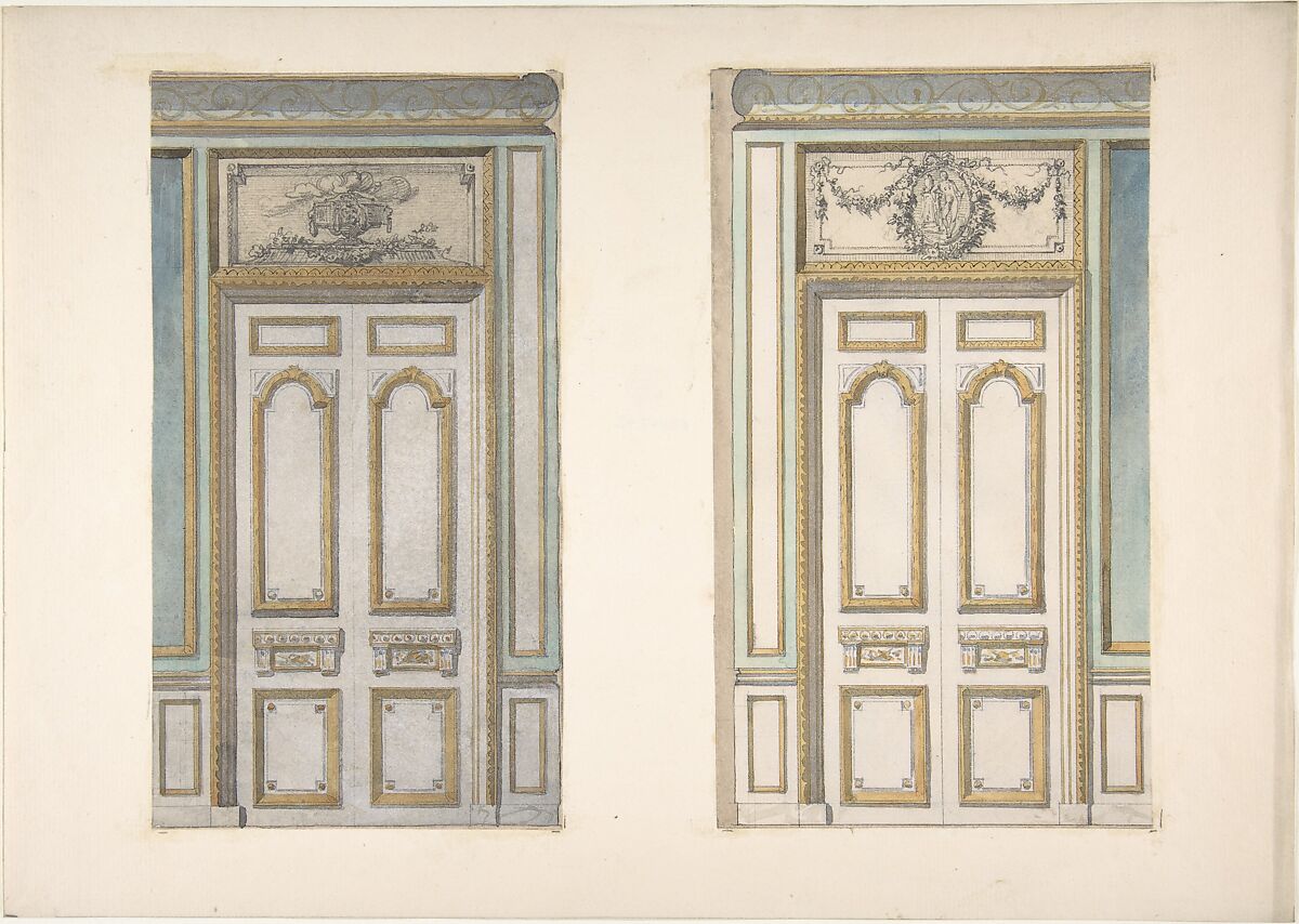 Two Designs for Doorways with Alternate Overdoor Decoration, Jules-Edmond-Charles Lachaise (French, died 1897), Graphite, pen and black ink, and watercolor 