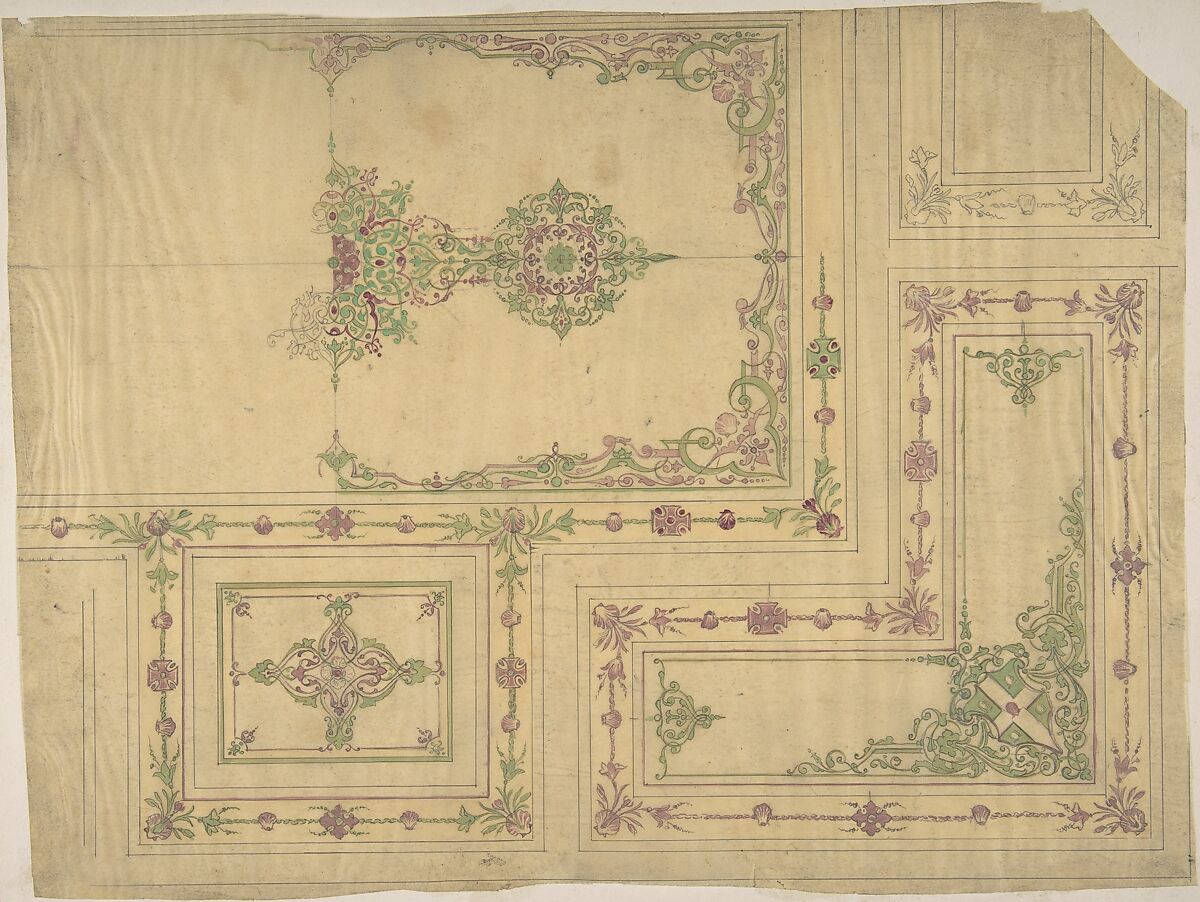 Ceiling Design in Moorish Style for the de la Rochejaquelein Family, Jules-Edmond-Charles Lachaise (French, died 1897), Graphite, pen and black ink, and watercolor on tissue 