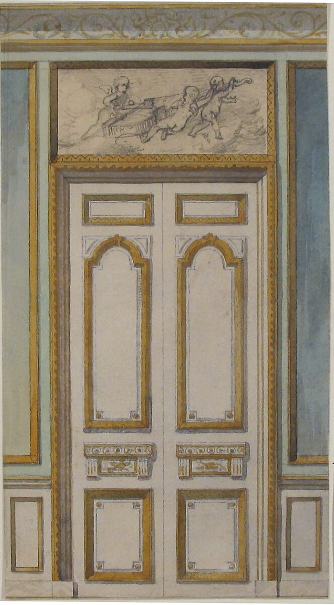 Design for Single Door and Overdoor Panel with Cupids Bearing a Violin, Jules-Edmond-Charles Lachaise (French, died 1897), Graphite, pen and black ink, and watercolor