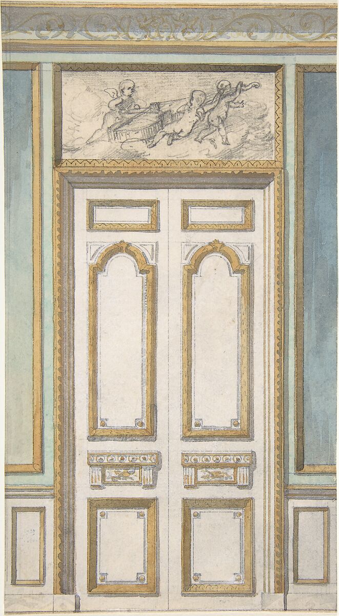 Design for Single Door and Overdoor Panel with Cupids Bearing a Violin, Jules-Edmond-Charles Lachaise (French, died 1897), Graphite, pen and black ink, and watercolor 