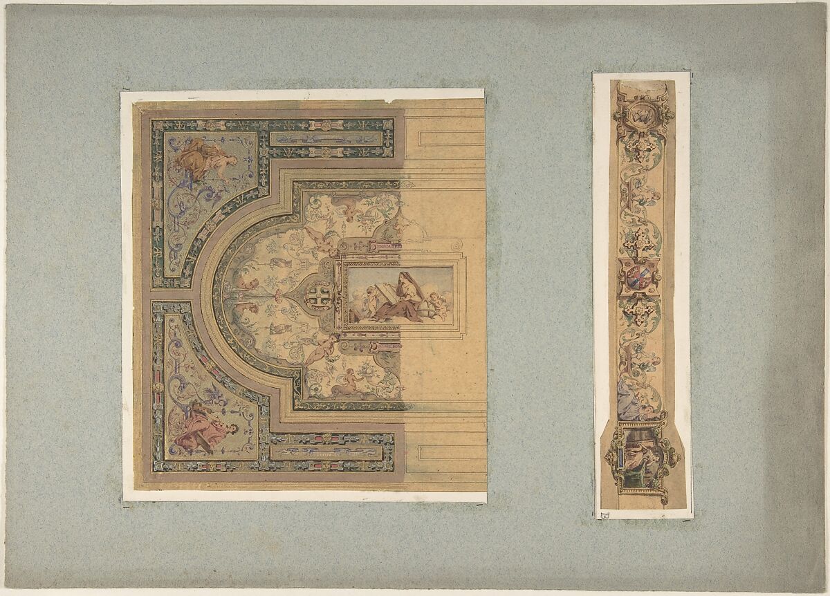 Two Designs for Ceiling with Putti and Allegorical Figures of the Arts, Jules-Edmond-Charles Lachaise (French, died 1897), Graphite, pen and black ink, watercolor, and gilt on tissue 