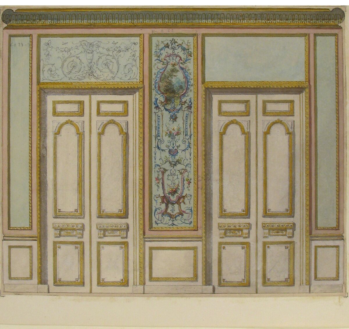 Design for a Pair of Doors Joined by an Ornamental Panel, Jules-Edmond-Charles Lachaise (French, died 1897), Graphite, pen and black ink, and watercolor