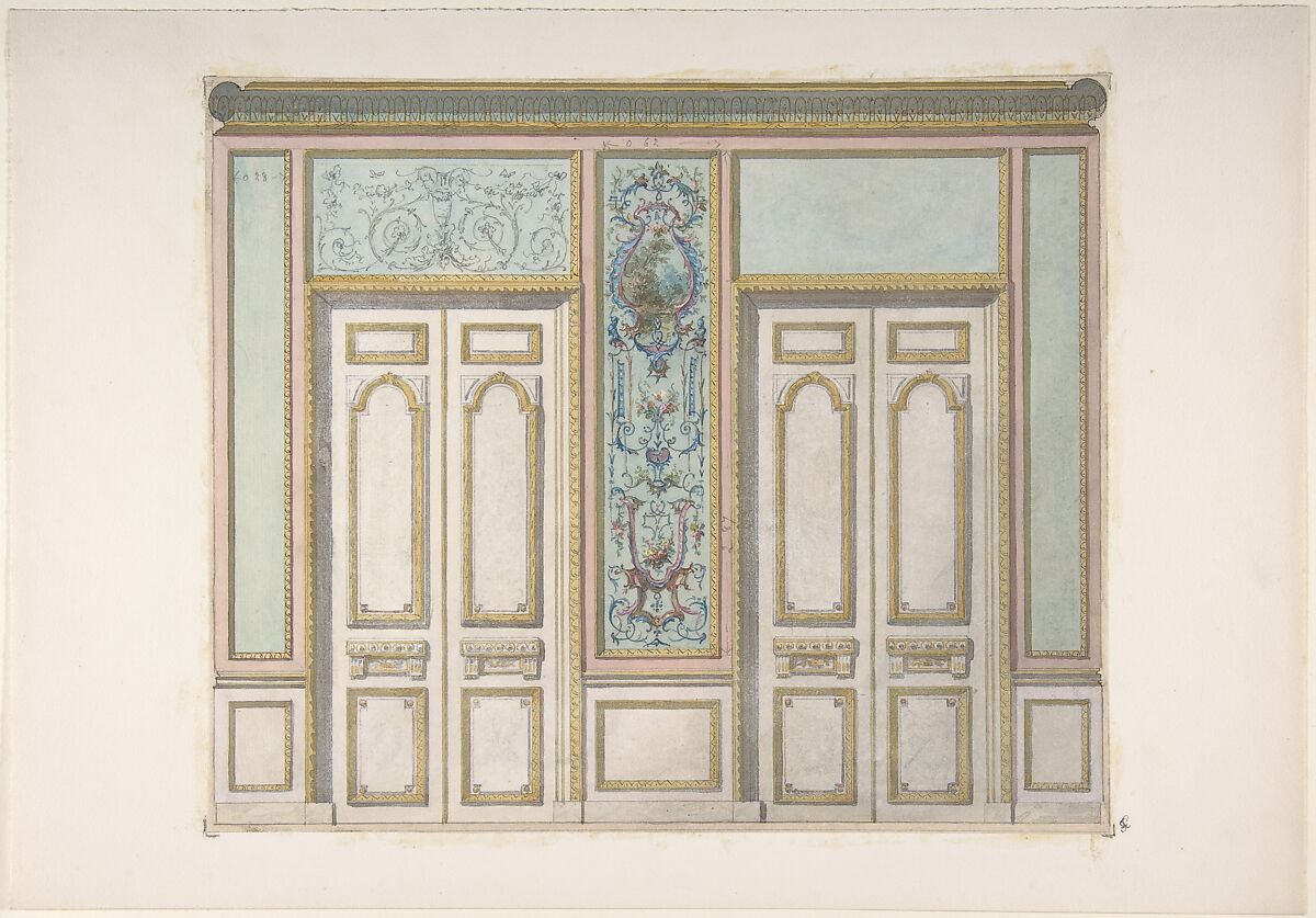 Design for a Pair of Doors Joined by an Ornamental Panel, Jules-Edmond-Charles Lachaise (French, died 1897), Graphite, pen and black ink, and watercolor 