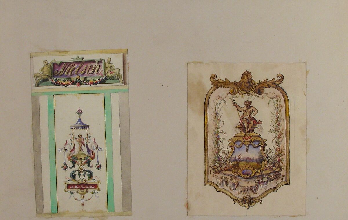 Two Designs for Ornamental Panels, Jules-Edmond-Charles Lachaise (French, died 1897), Graphite, pen and black ink, watercolor and gilt