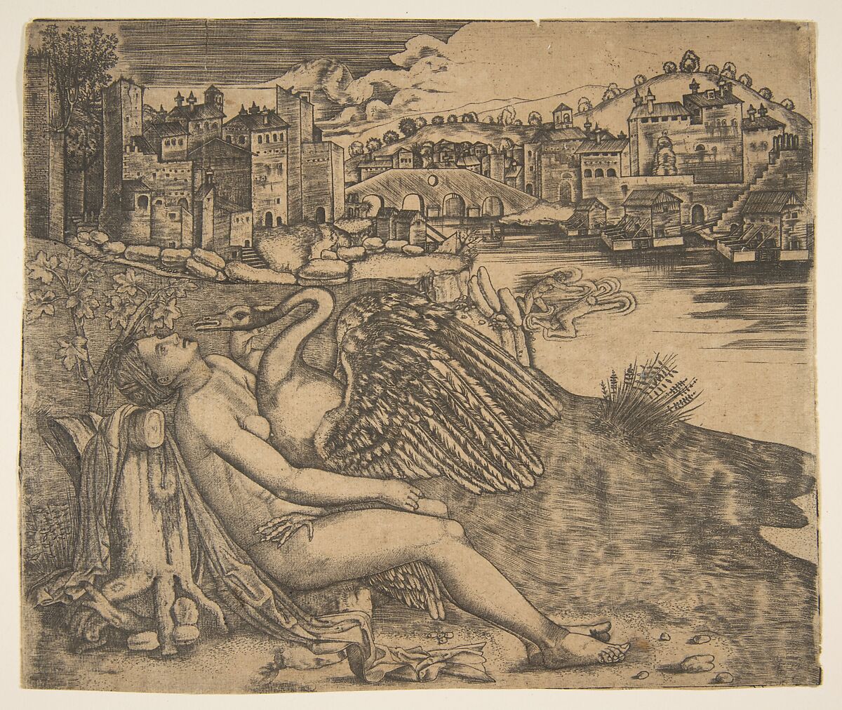 Naked woman (Leda) and swan (Zeus) embrace on a river bank; two figures jump into the water at middle ground; a town and bridge in the background., Anonymous, Italian, 16th century (Italian, active Central Italy, ca. 1550–1580), Engraving 