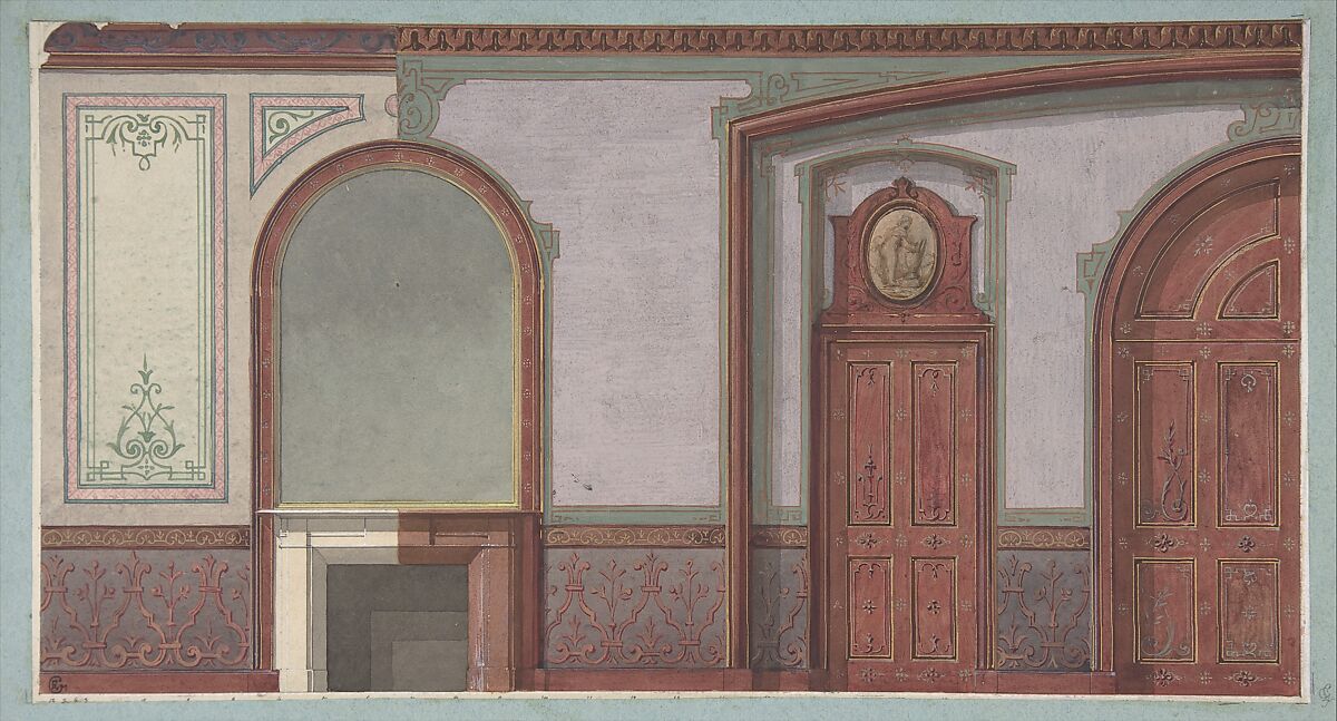 Design for Painted Wall Paneling, Deepdene, Dorking, Surrey, Jules-Edmond-Charles Lachaise (French, died 1897), Watercolor and gouache 