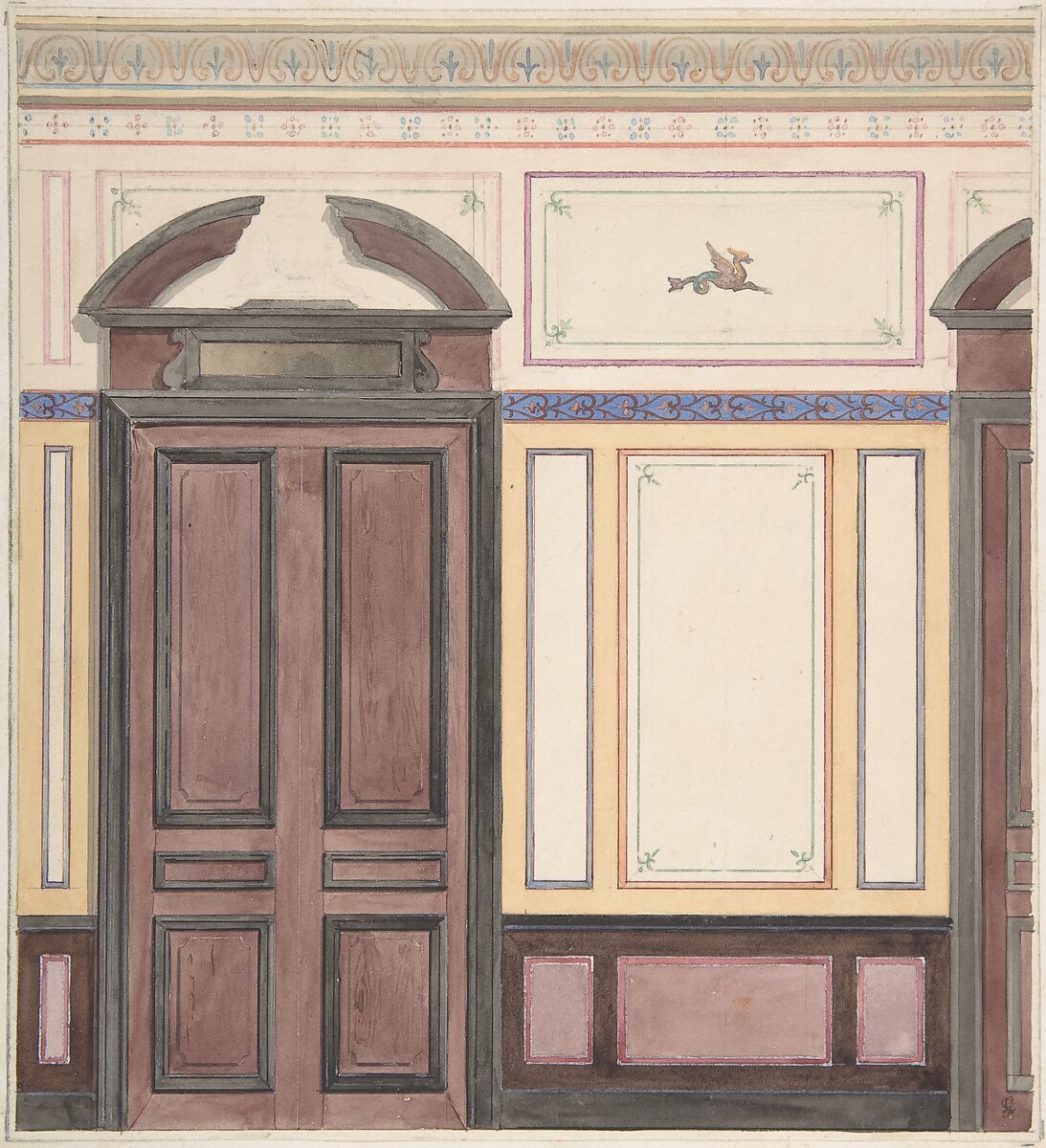 Design for Wall Paneling, Deepdene, Dorking, Surrey, Jules-Edmond-Charles Lachaise (French, died 1897), Watercolor 