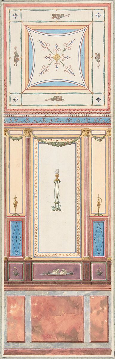 Design for Wall Paneling and Ceiling in Pompeiian Style, The Deepdene, Dorking, Surrey, Jules-Edmond-Charles Lachaise (French, died 1897), Watercolor 