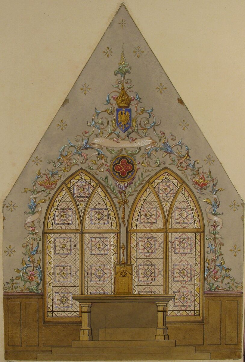 Design for Altar and Chapel, Farnborough, Jules-Edmond-Charles Lachaise (French, died 1897), Pen and black ink, watercolor, gouache, and gilt