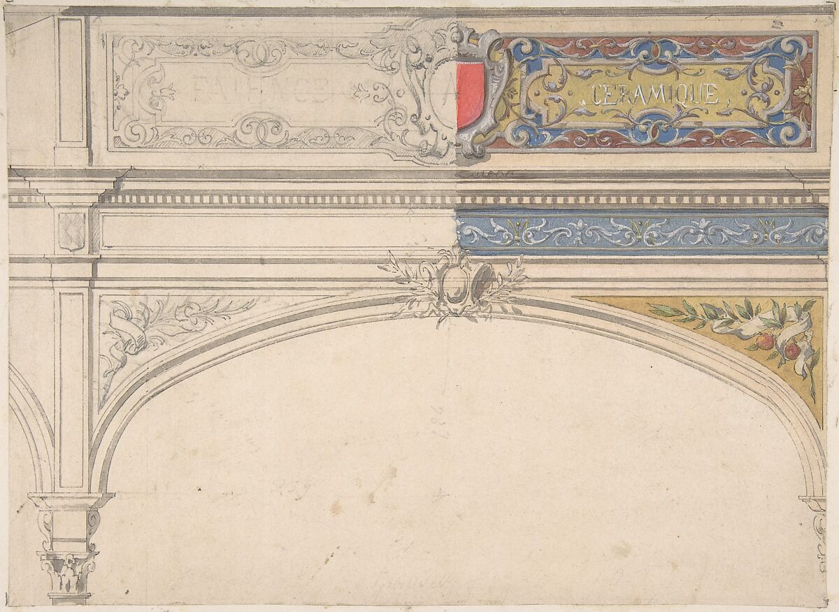 Design for Decorated Archway, Monaco Pavillion, Jules-Edmond-Charles Lachaise (French, died 1897), Pen and black ink, graphite, watercolor, and gouache 