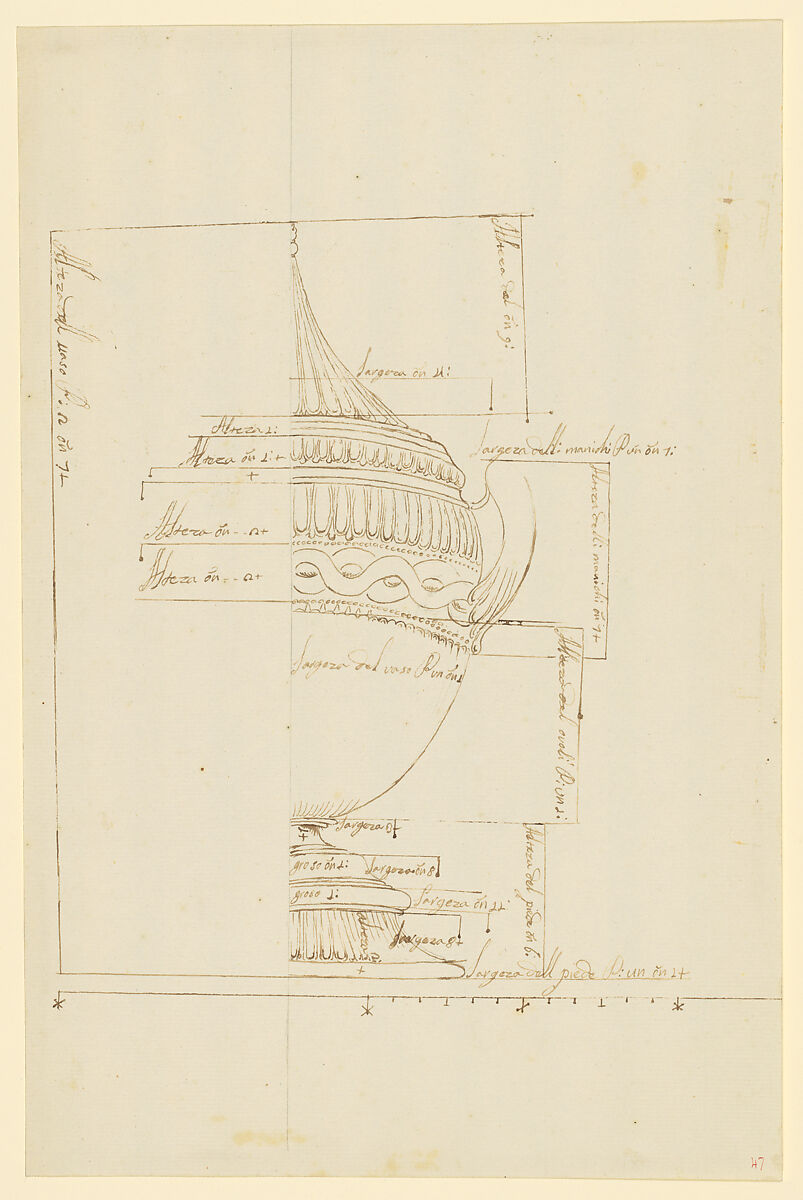 Design for an Urn with a Pointed Lid, Anonymous, French, 18th century, Pen and brown ink over leadpoint 