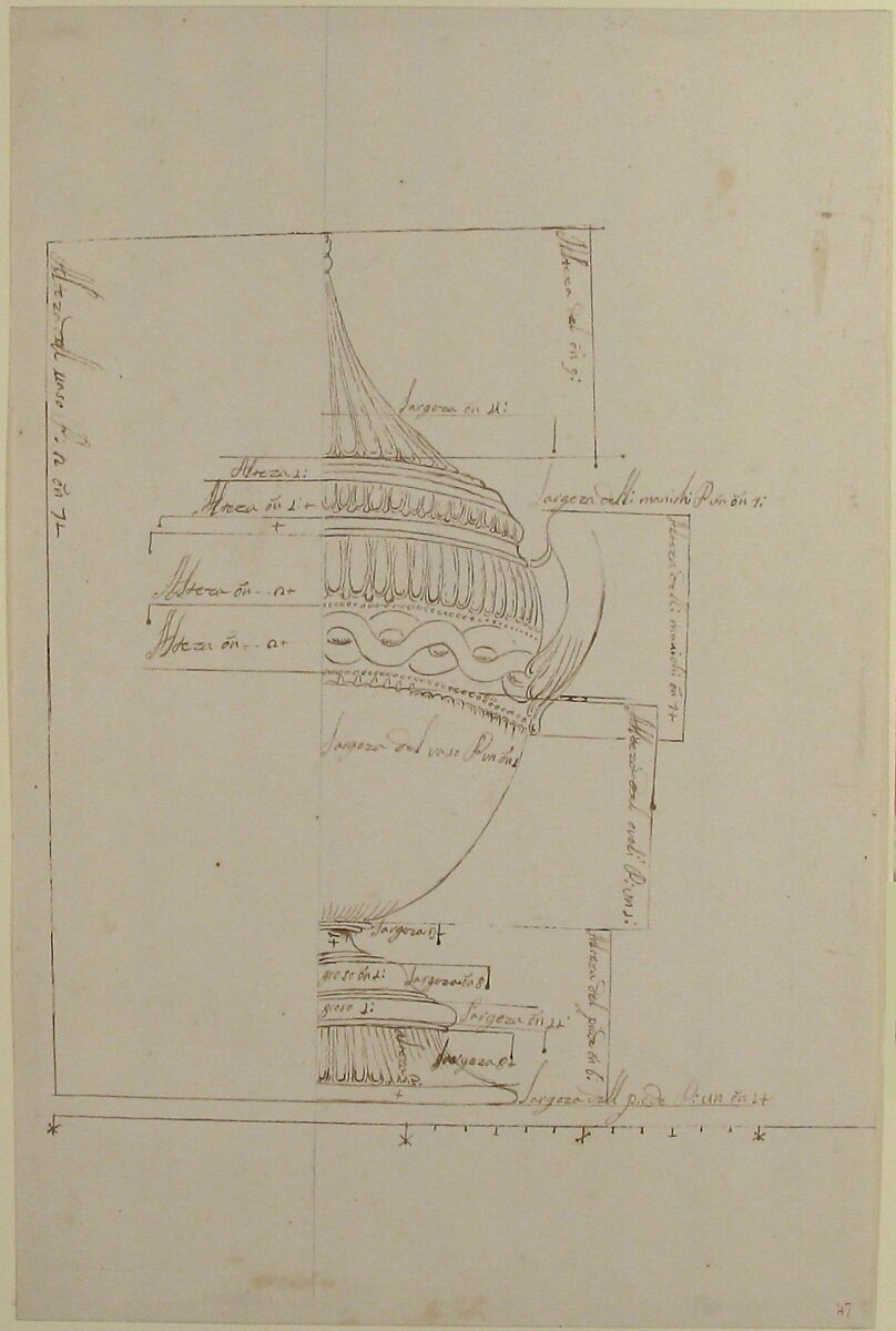Design for an Urn with a Pointed Lid, Anonymous, French, 18th century, Pen and brown ink over leadpoint 