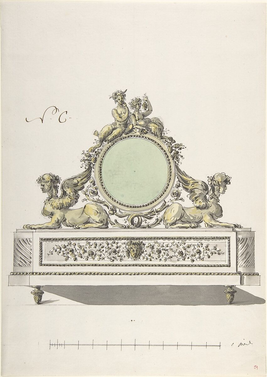 Design for a Clock, Anonymous, French, 18th century, Pen and brown ink, brush and gray, yellow, and green wash 