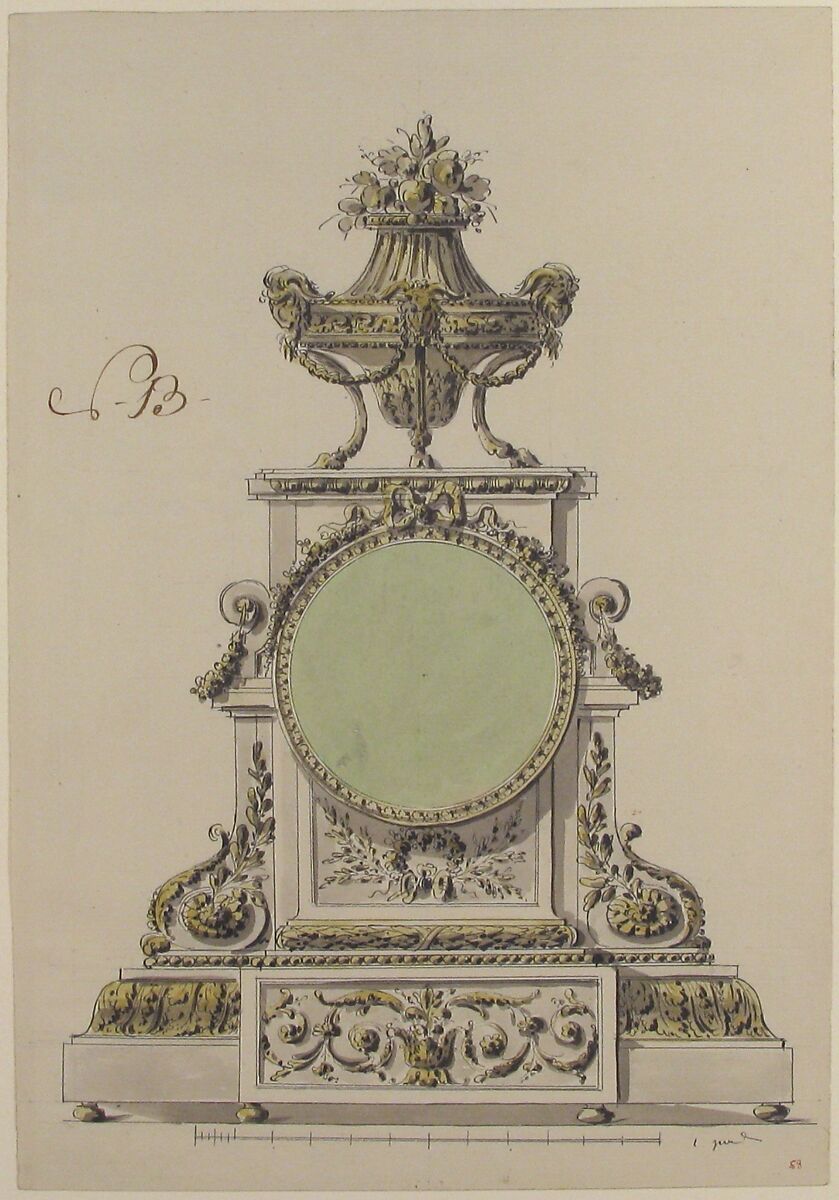 Design for a Clock, Anonymous, French, 18th century, Pen and brown and black ink, brush and gray, yellow, and green wash 