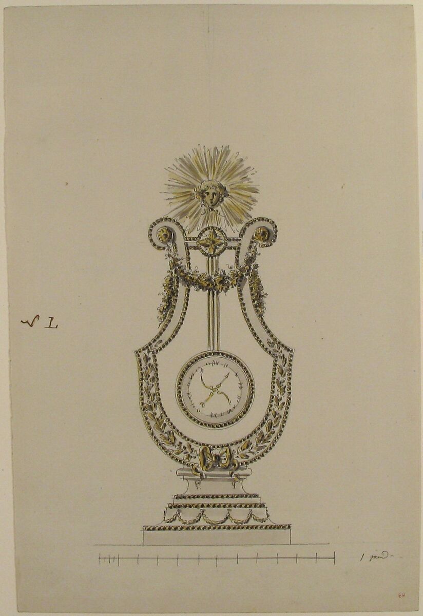 Design for a Clock in the Form of a Lyre, Anonymous, French, 18th century, Pen and black and brown ink, brush and gray and yellow wash, with graphite underdrawing 