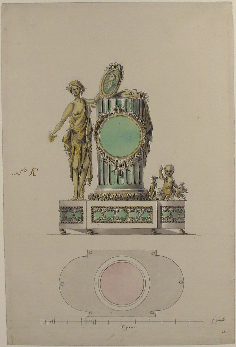 Design for a Clock, Anonymous, French, 18th century, Pen and black and brown ink, brush and yellow, green, gray, and rose wash