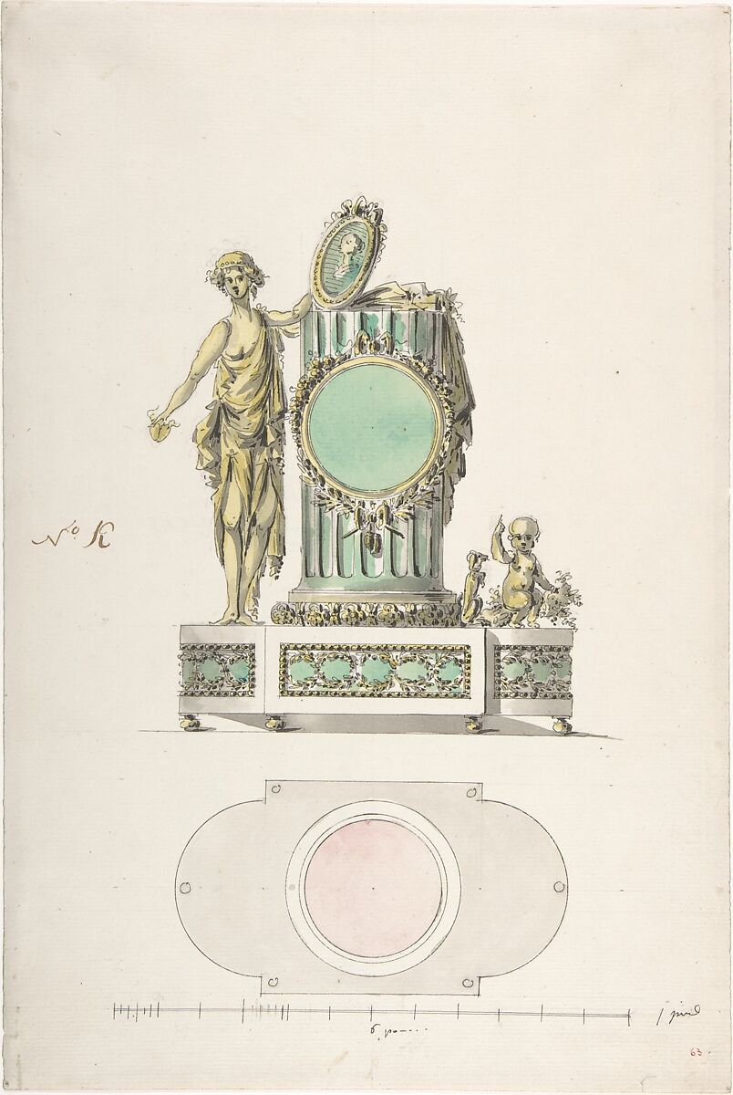 Design for a Clock, Anonymous, French, 18th century, Pen and black and brown ink, brush and yellow, green, gray, and rose wash 