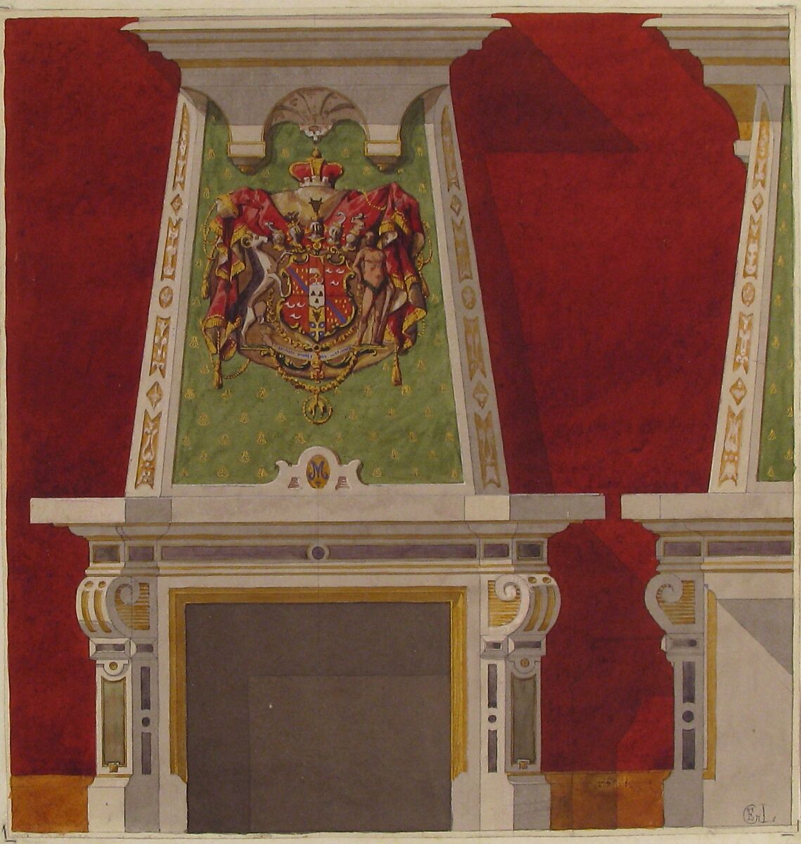 Design for Chimney Piece, Château du Duc de Meternick, Johannisburg, Jules-Edmond-Charles Lachaise (French, died 1897), Pen and black ink, watercolor, and gilt