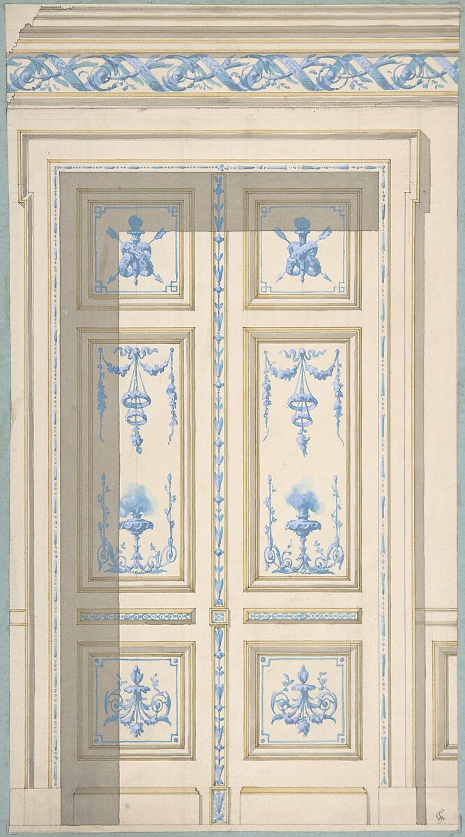 Design for Bedroom Doors, Hôtel de Jagan, Jules-Edmond-Charles Lachaise (French, died 1897), Pen and black ink, watercolor 