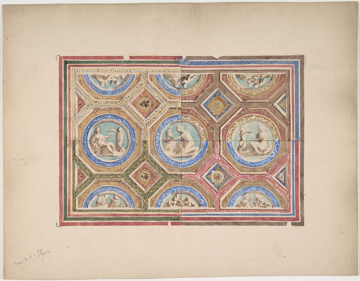 Design for Coffered Ceiling in Four Alternate Color Schemes, Empress Eugenie's Hotel, Jules-Edmond-Charles Lachaise (French, died 1897), Graphite, watercolor, and gilt 