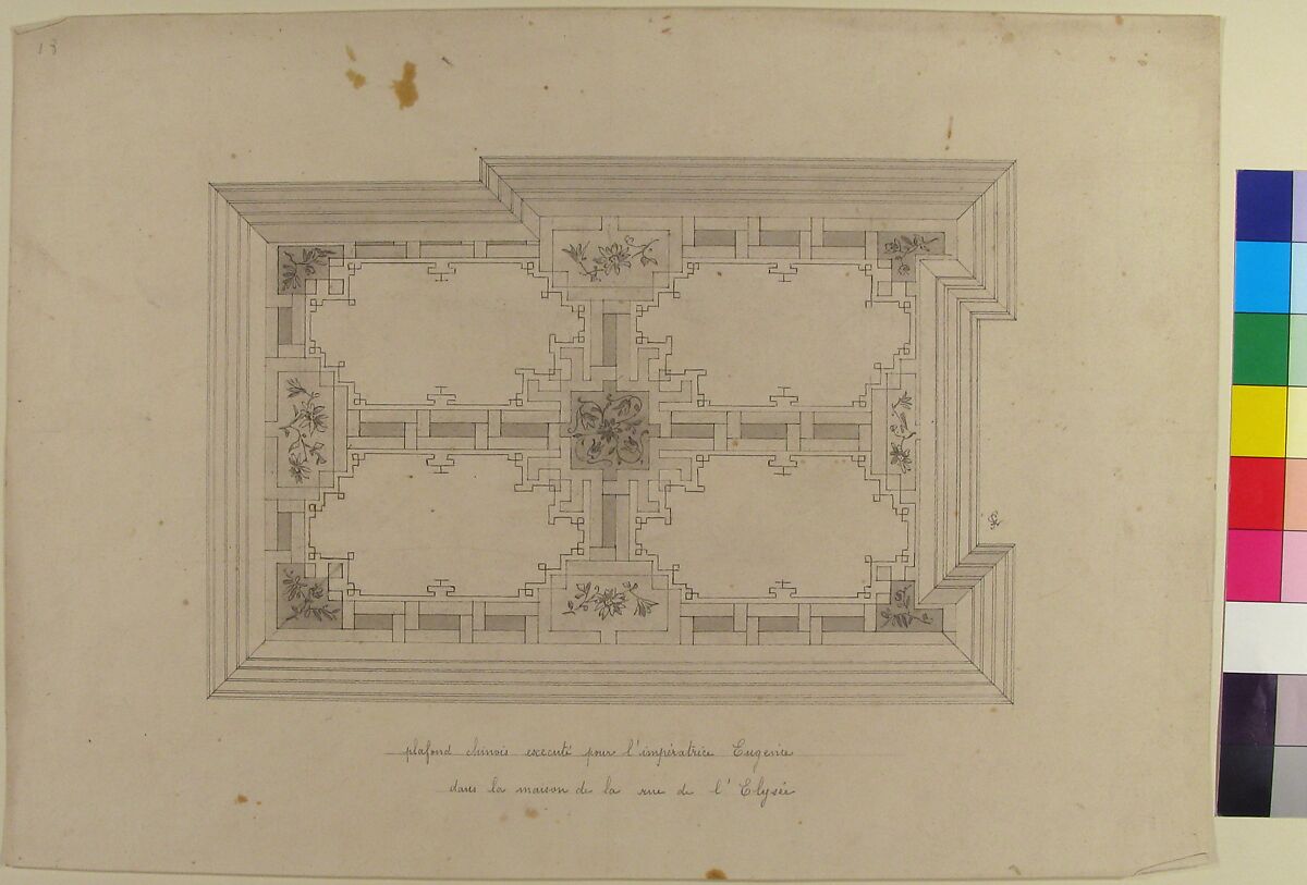 Design for Ceiling in Chinois Style, Empress Eugénie's Hotel, Jules-Edmond-Charles Lachaise (French, died 1897), Pen and black ink, brush and gray wash