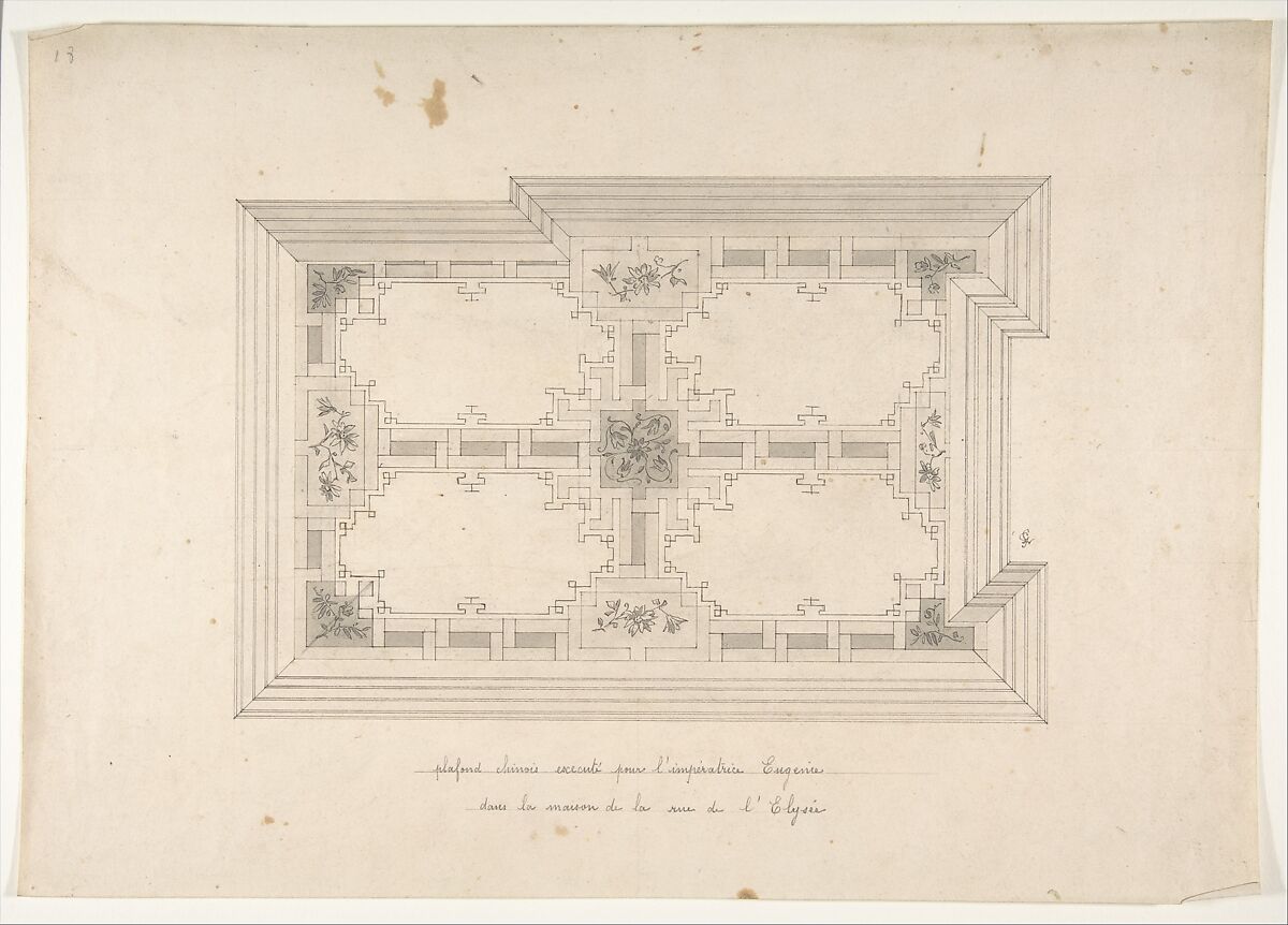 Design for Ceiling in Chinois Style, Empress Eugénie's Hotel, Jules-Edmond-Charles Lachaise (French, died 1897), Pen and black ink, brush and gray wash 