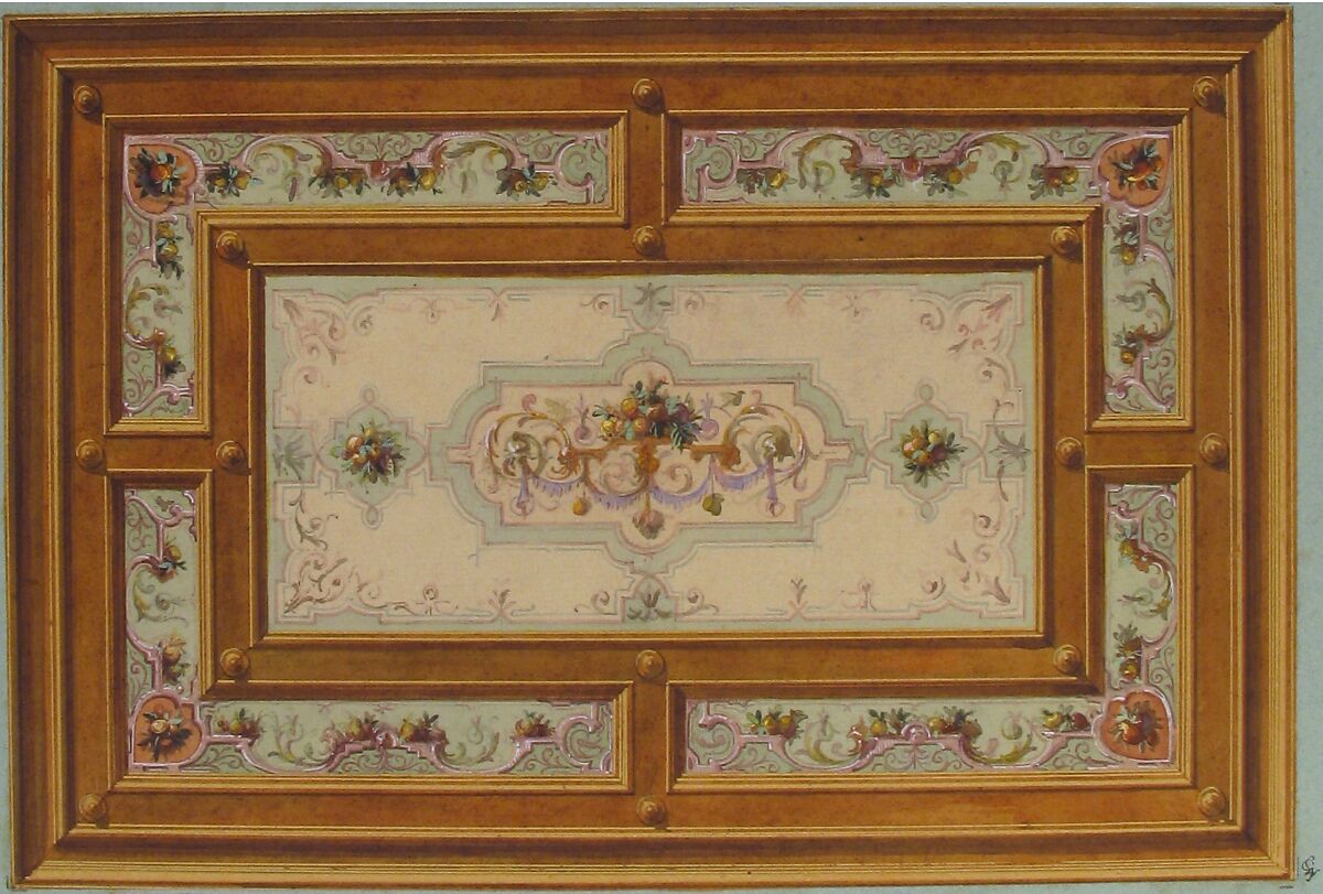 Design for a Painted Ceiling, Jules-Edmond-Charles Lachaise (French, died 1897), Pen and black ink, watercolor, and gouache
