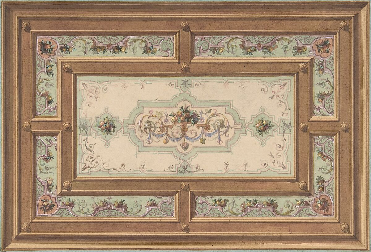 Design for a Painted Ceiling, Jules-Edmond-Charles Lachaise (French, died 1897), Pen and black ink, watercolor, and gouache 