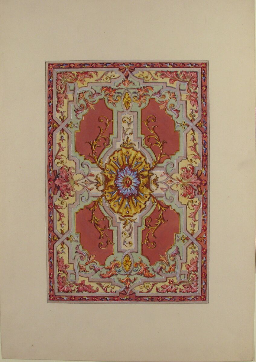 Design for a Painted Ceiling with Strapwork and Foliage on a Rose Background, Jules-Edmond-Charles Lachaise (French, died 1897), Pen and black ink, watercolor, and gouache