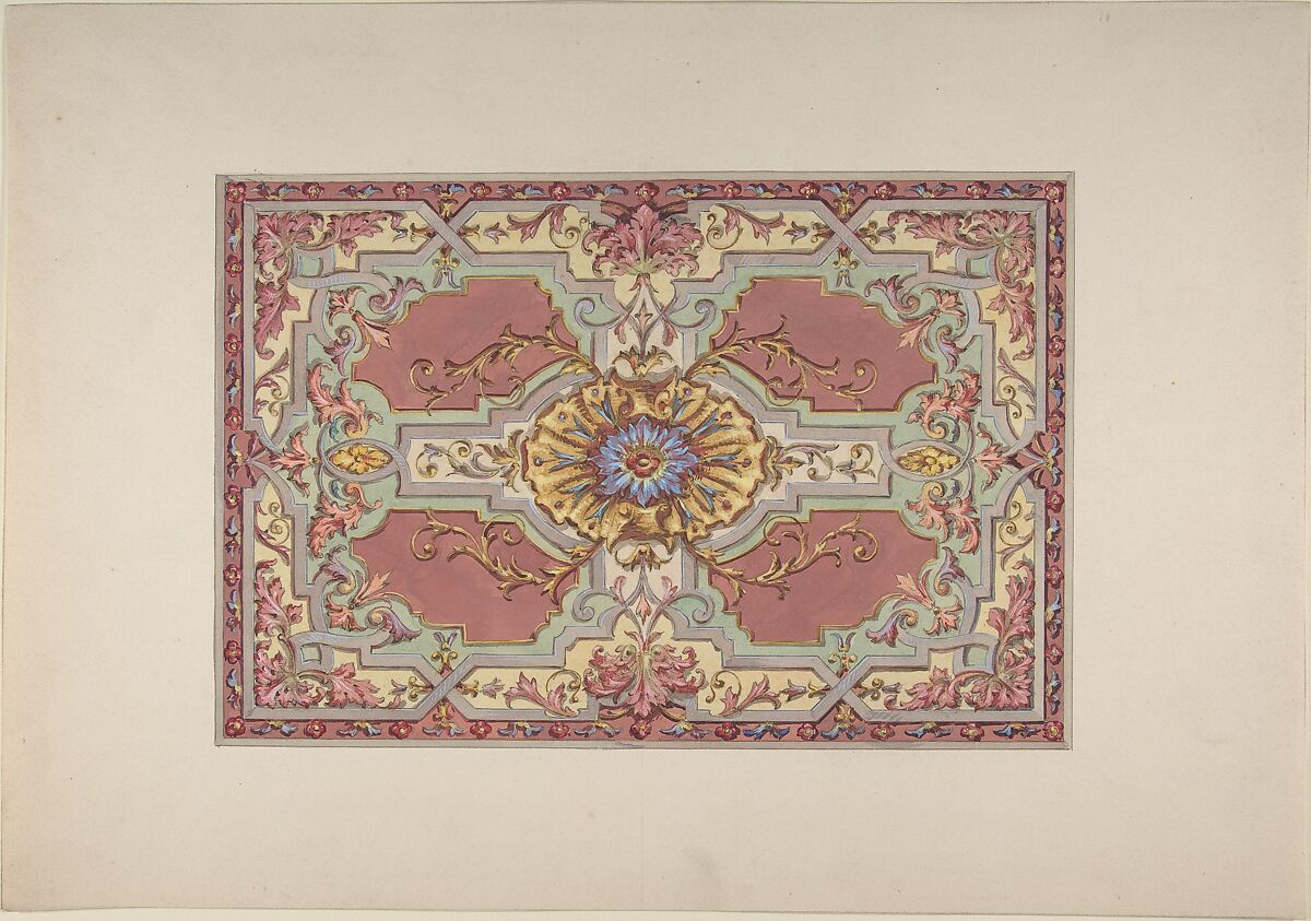 Design for a Painted Ceiling with Strapwork and Foliage on a Rose Background, Jules-Edmond-Charles Lachaise (French, died 1897), Pen and black ink, watercolor, and gouache 