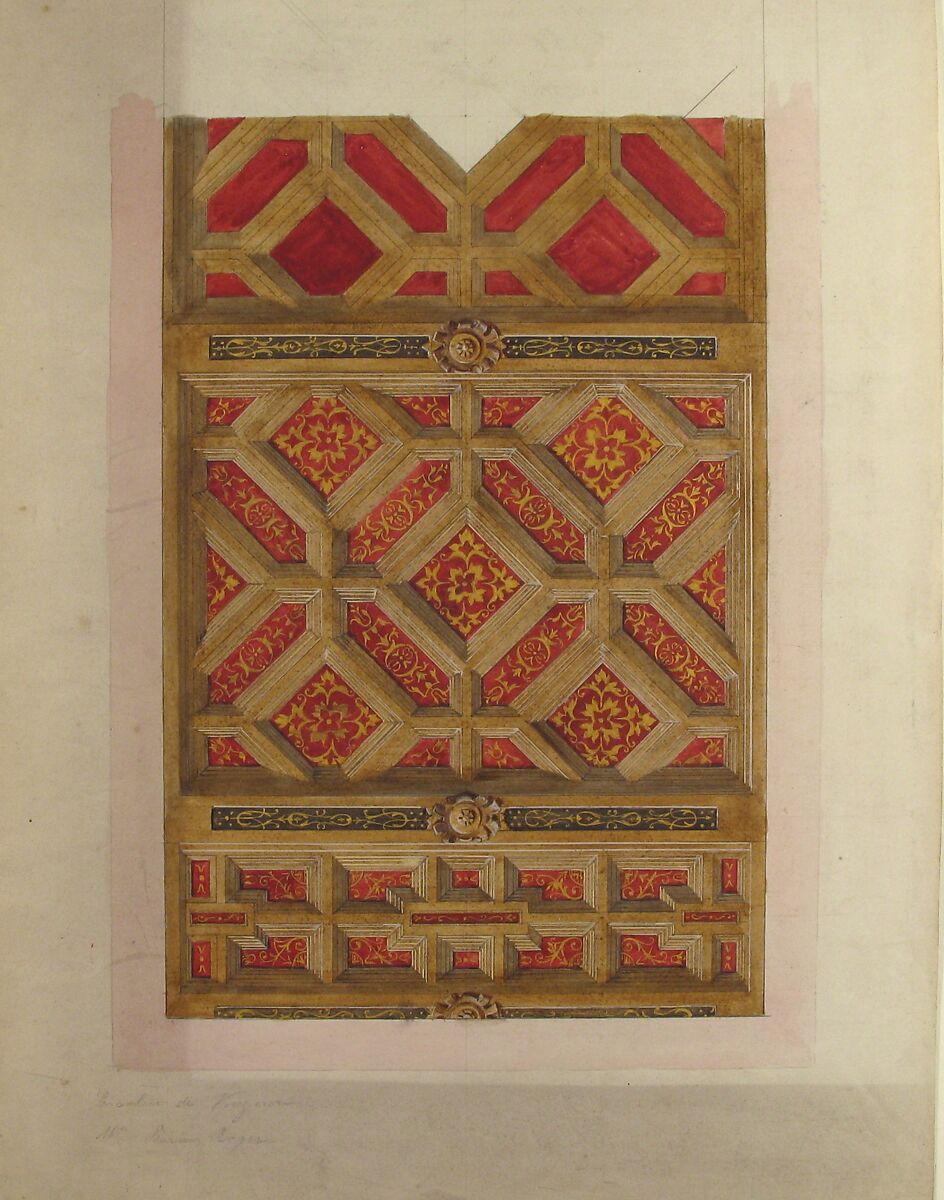 Design for Coffered Ceiling in Red and Gold, Jules-Edmond-Charles Lachaise (French, died 1897), Pen and black ink, watercolor, and gilt