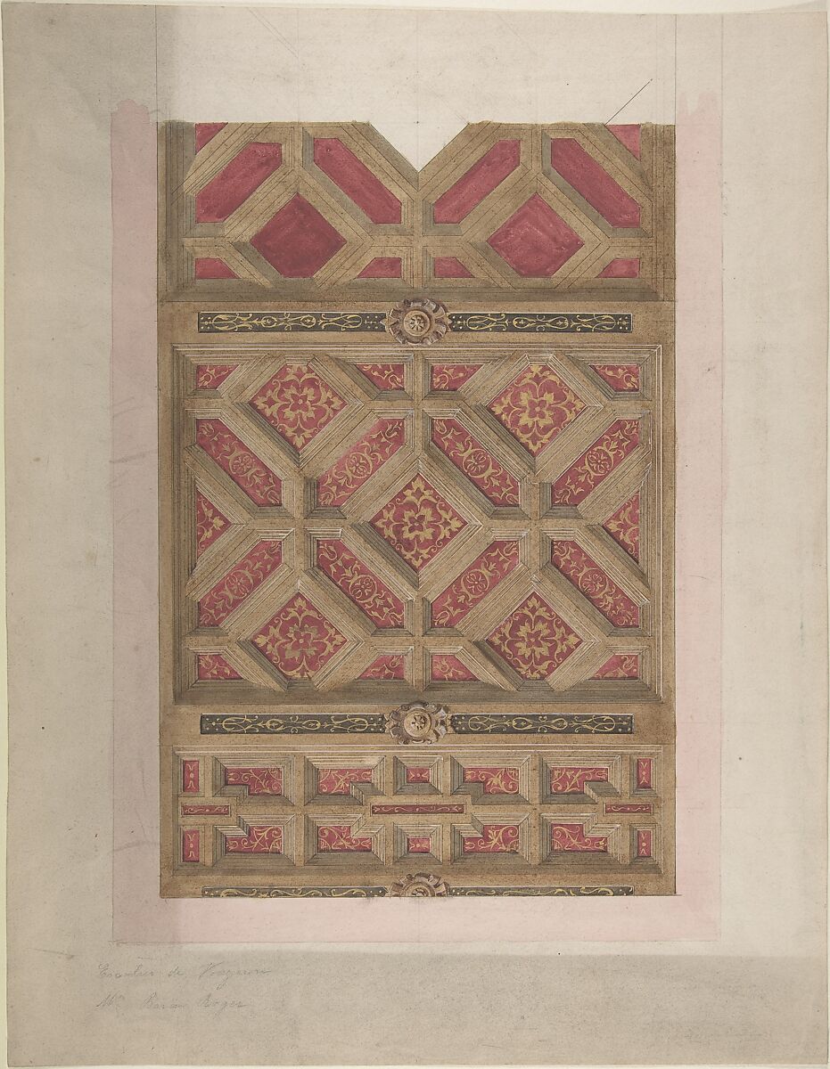 Design for Coffered Ceiling in Red and Gold, Jules-Edmond-Charles Lachaise (French, died 1897), Pen and black ink, watercolor, and gilt 