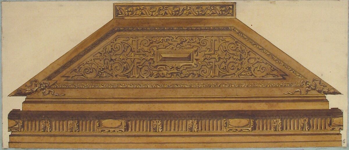 Design for Carved Wood Paneling and Molding Featuring Strapwork, Jules-Edmond-Charles Lachaise (French, died 1897), Pen and black ink, brush and brown wash, and gilt