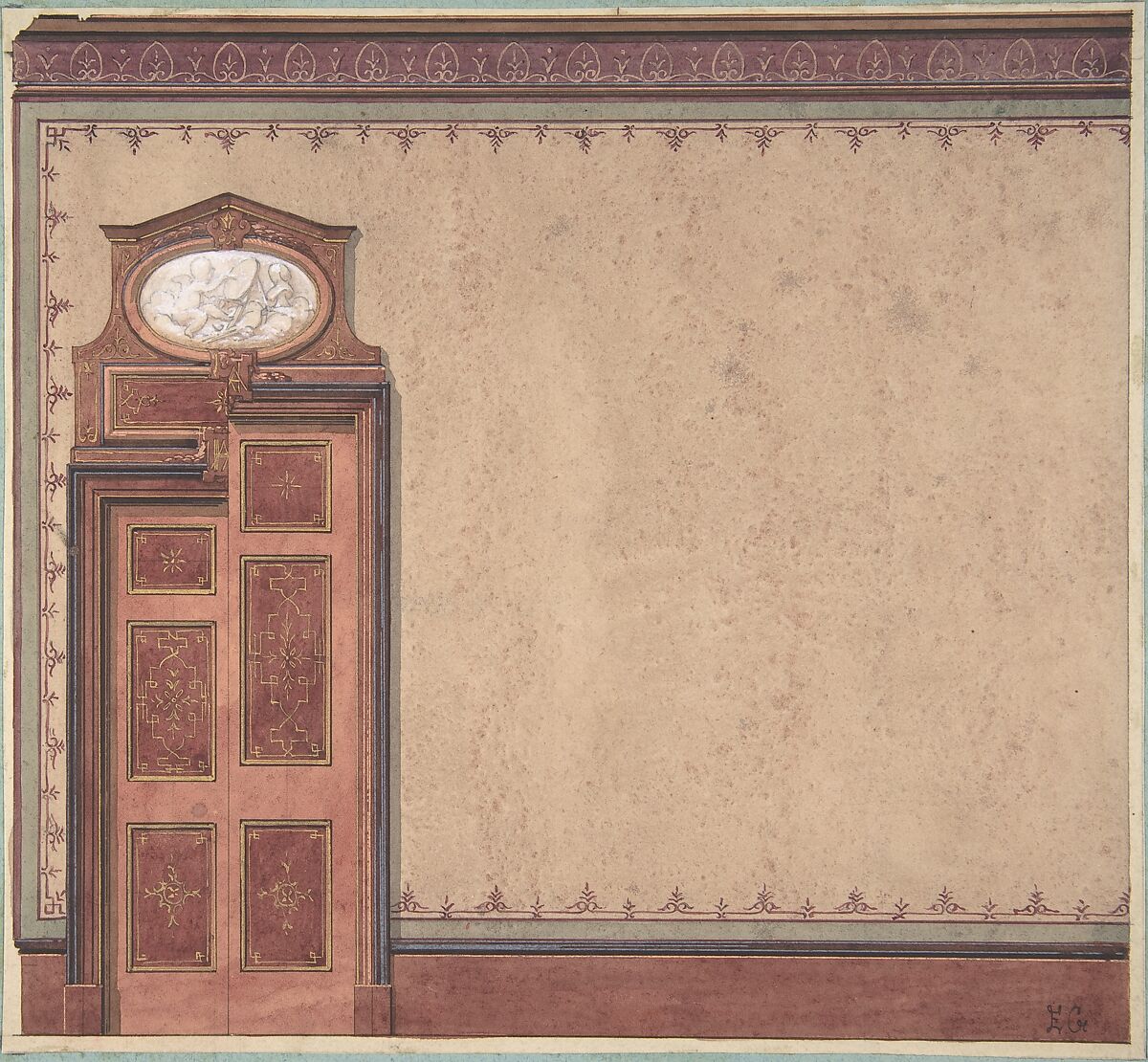 Pompeiian Design for Wall and Doorway, Jules-Edmond-Charles Lachaise (French, died 1897), Pen and black ink, watercolor, gouache, and gilt 