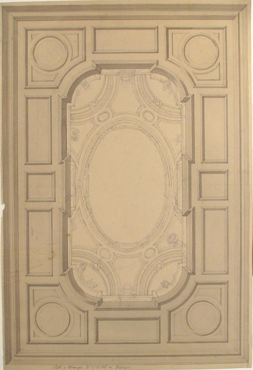Design for Trompe L'Oeil Ceiling for Dining Room, Hôtel de Trévise, Jules-Edmond-Charles Lachaise (French, died 1897), Pen and black ink, brush and brown and gray washes