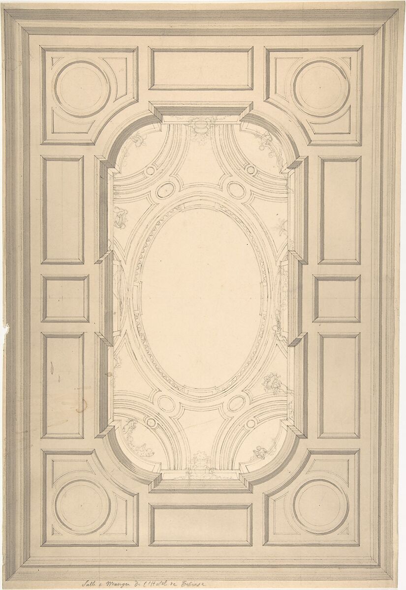 Design for Trompe L'Oeil Ceiling for Dining Room, Hôtel de Trévise, Jules-Edmond-Charles Lachaise (French, died 1897), Pen and black ink, brush and brown and gray washes 