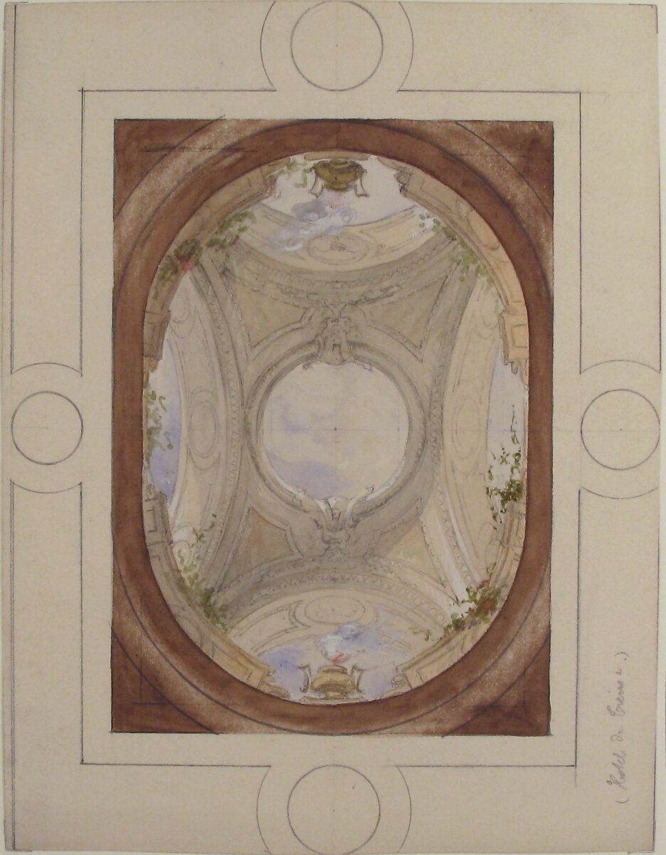 Design for Trompe L'Oeil Ceiling for Dining Room, Hôtel de Trévise, Jules-Edmond-Charles Lachaise (French, died 1897), Graphite and watercolor