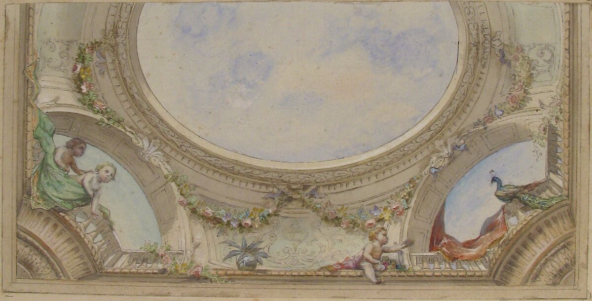 Design for Trompe L'Oeil Ceiling for Dining Room, Hôtel de Trévise, Jules-Edmond-Charles Lachaise (French, died 1897), Pen and black ink, watercolor