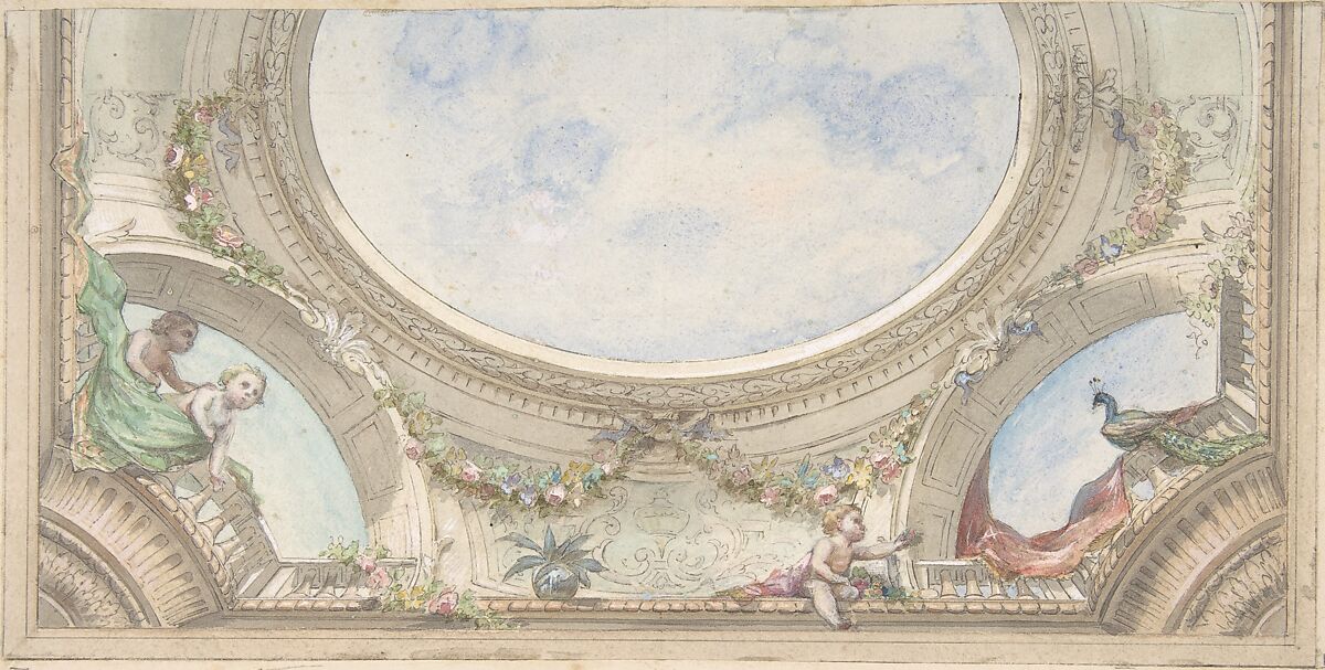 Design for Trompe L'Oeil Ceiling for Dining Room, Hôtel de Trévise, Jules-Edmond-Charles Lachaise (French, died 1897), Pen and black ink, watercolor 