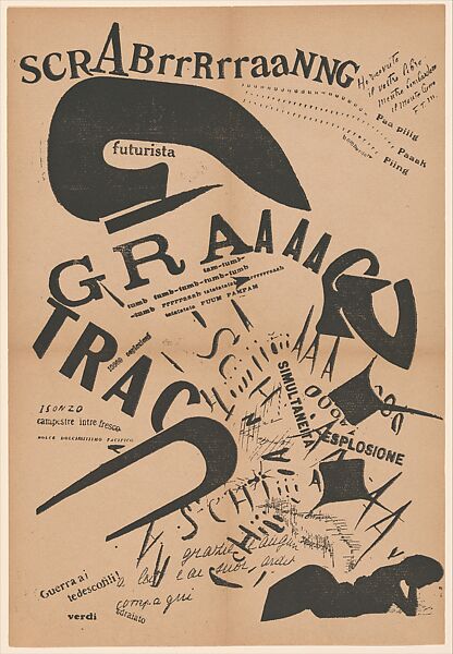 In the Evening, Lying on Her Bed, She Reread the Letter from Her Artilleryman at the Front (Le Soir, couchée dans son lit, elle relisait la lettre de son artilleur au front), published in Les Mots en liberté futuristes, Filippo Tommaso Marinetti  Italian, Letterpress