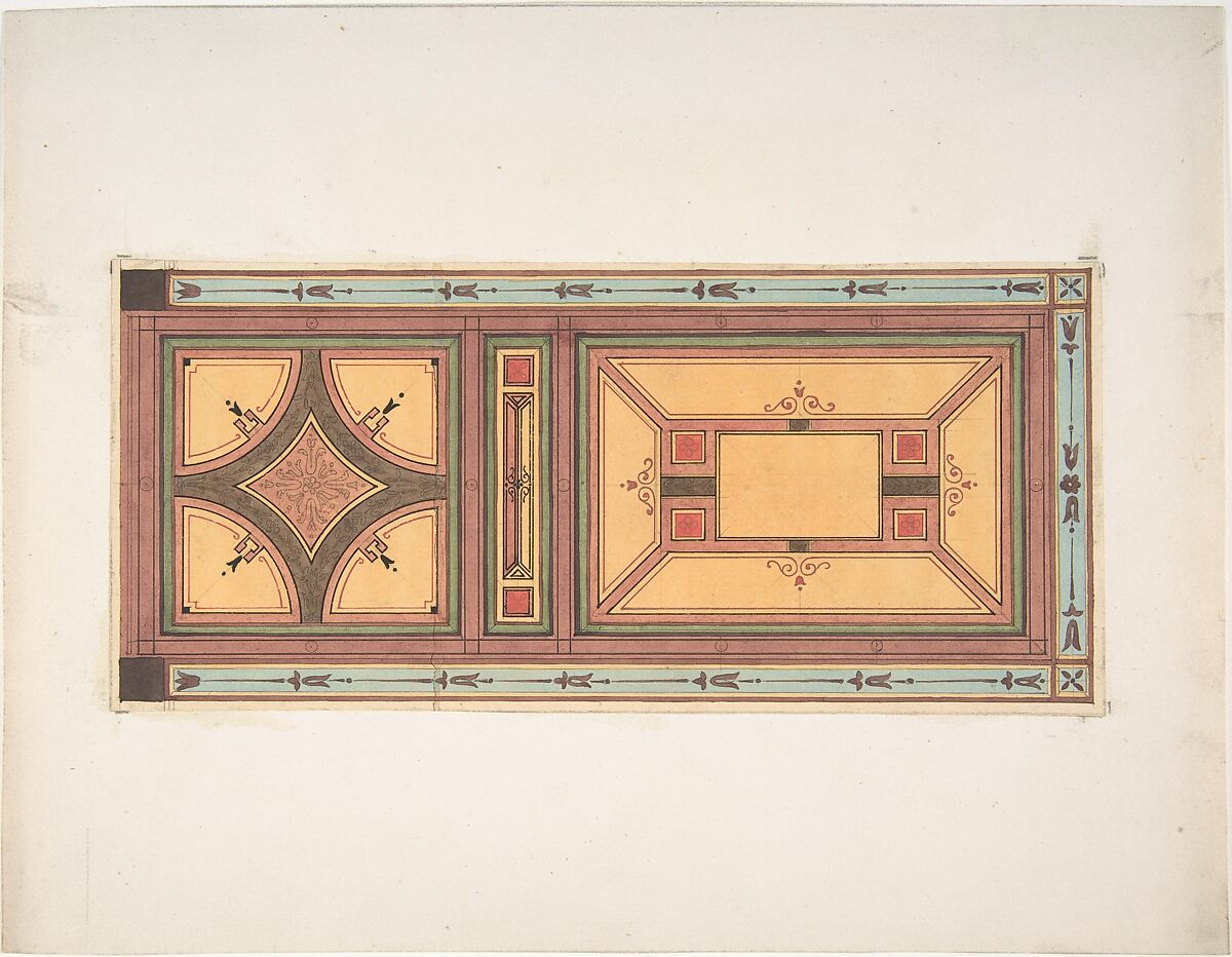 Pompeiian Design for Paneling, Jules-Edmond-Charles Lachaise (French, died 1897), Pen and black ink, watercolor, and gouache 
