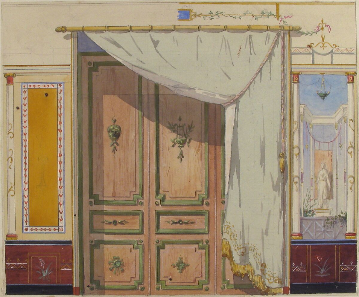 Pompeiian Design for Doorway and Wall with Curtain (possibly for Deepdene, Dorking, Surrey), Jules-Edmond-Charles Lachaise (French, died 1897), Black chalk, watercolor, and gouache