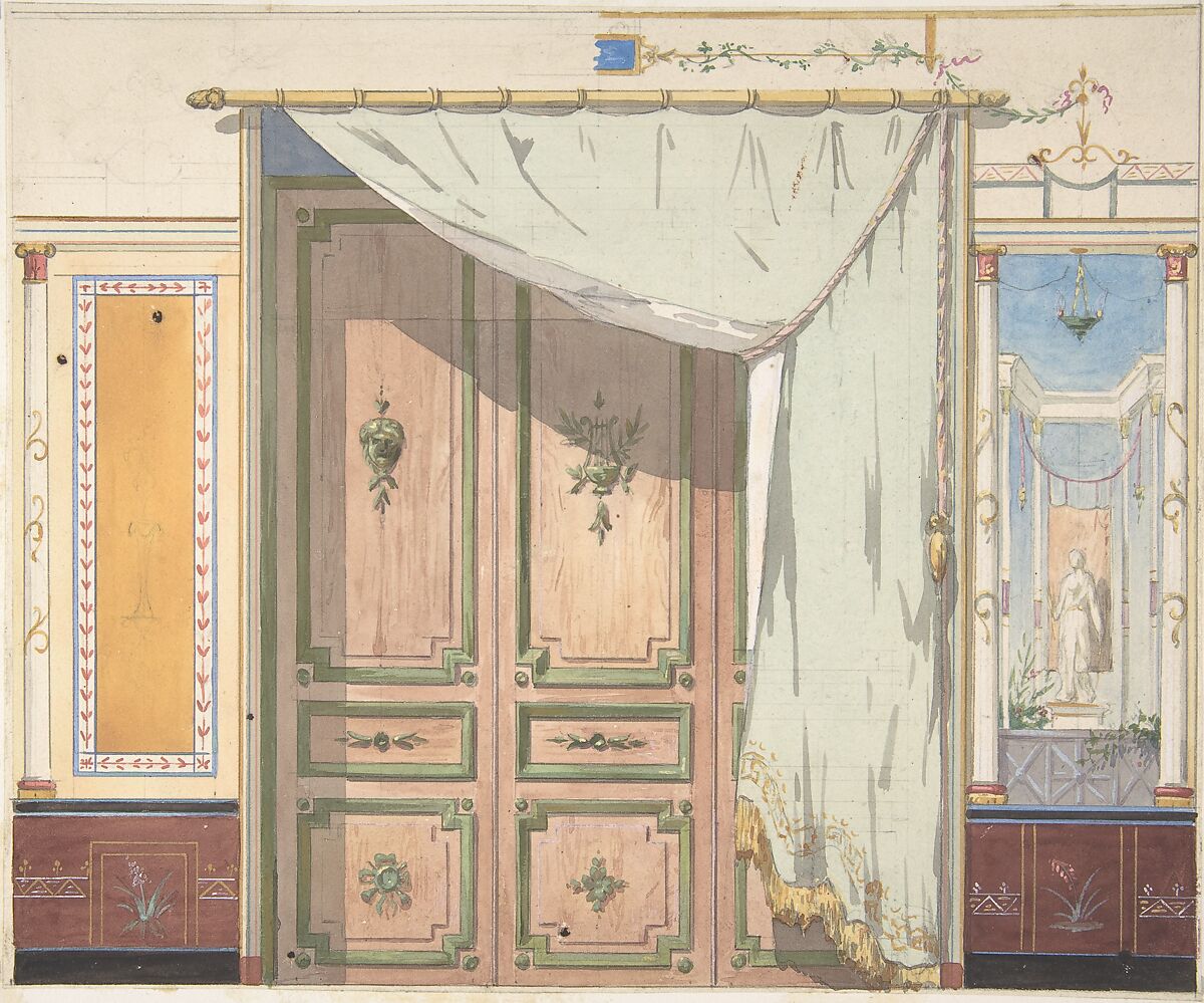 Pompeiian Design for Doorway and Wall with Curtain (possibly for Deepdene, Dorking, Surrey), Jules-Edmond-Charles Lachaise (French, died 1897), Black chalk, watercolor, and gouache 