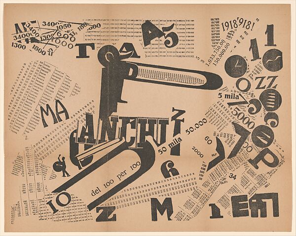 A Tumultuous Assembly. Numerical Sensibility (Une Assemblée tumultueuse. Sensibilité numérique) published in Les mots en liberté futuristes, Filippo Tommaso Marinetti (Italian, born Egypt, Alexandria 1876–1944 Bellagio, Italy), Letterpress 