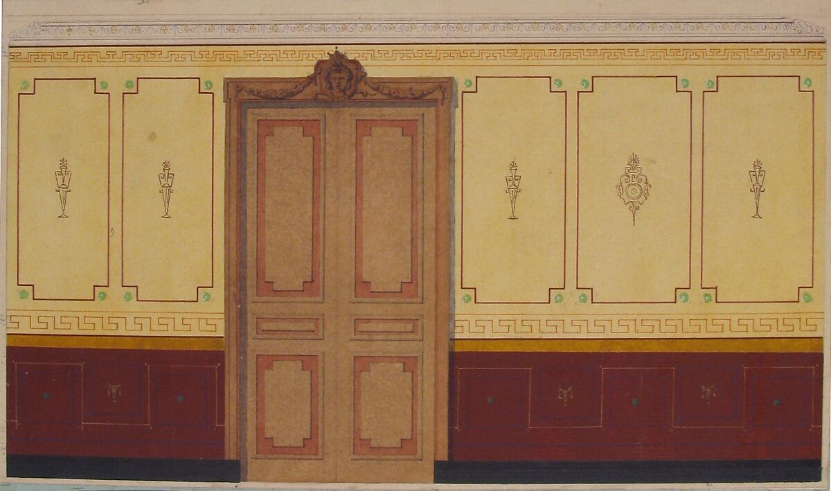 Pompeiian Design for Wall and Doorway, Jules-Edmond-Charles Lachaise (French, died 1897), Pen and black ink, graphite, watercolor, gouache